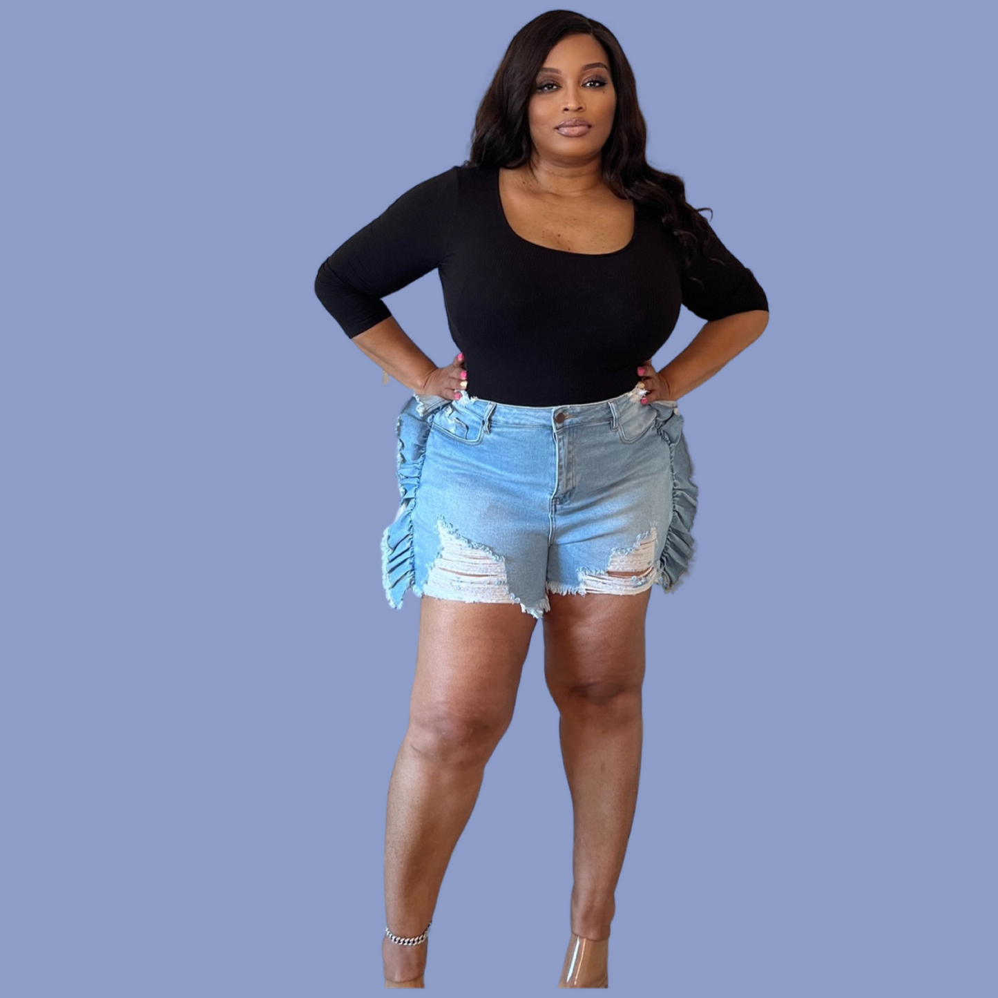 Distressed Denim Ruffle Shorts