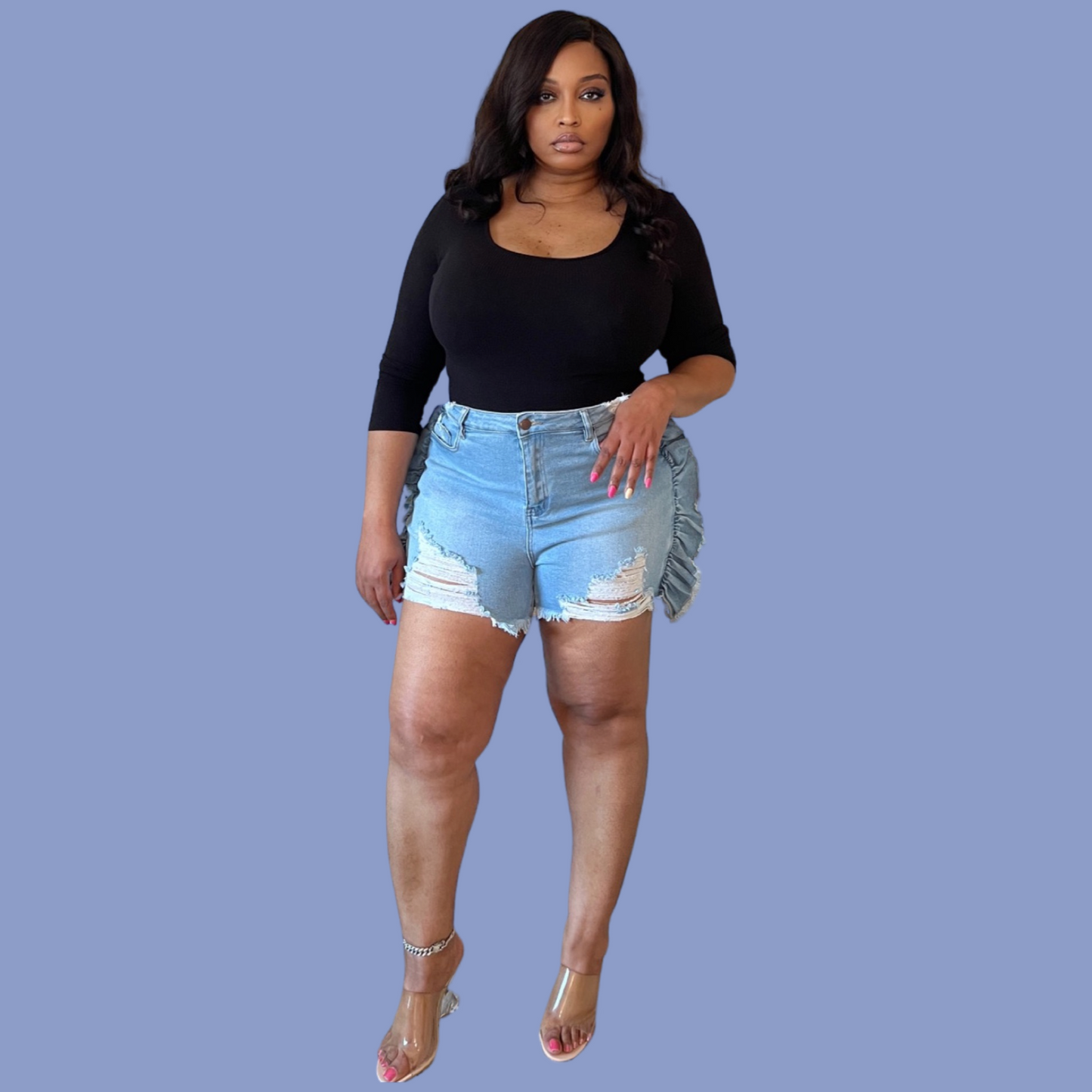 Distressed Denim Ruffle Shorts