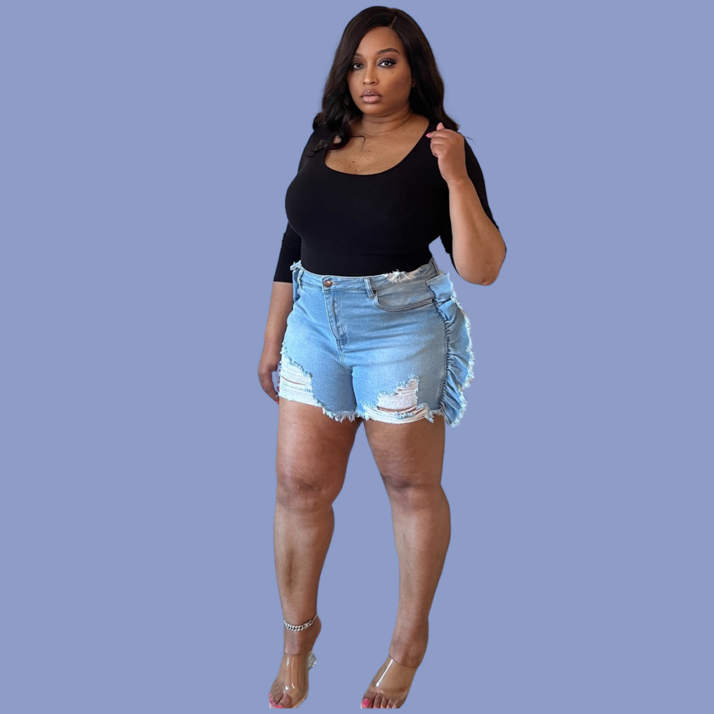 Distressed Denim Ruffle Shorts