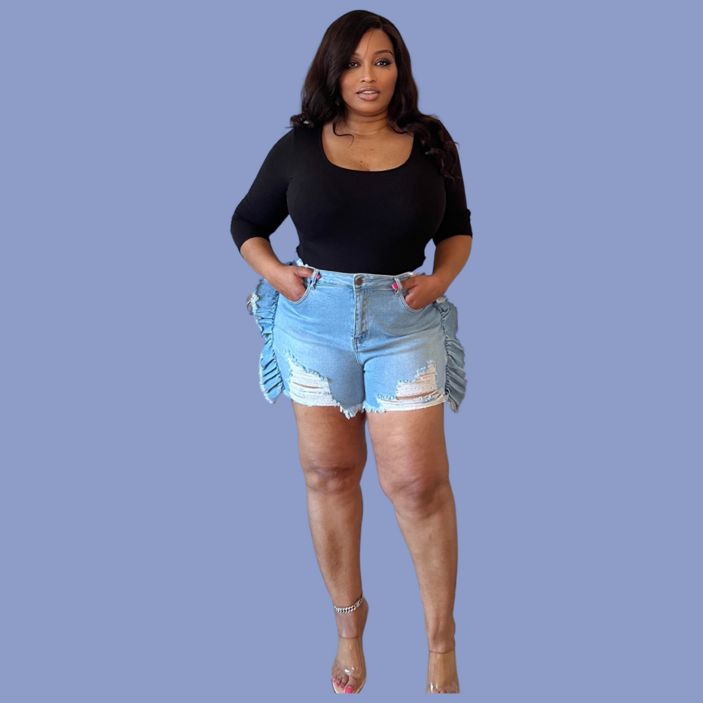 Distressed Denim Ruffle Shorts