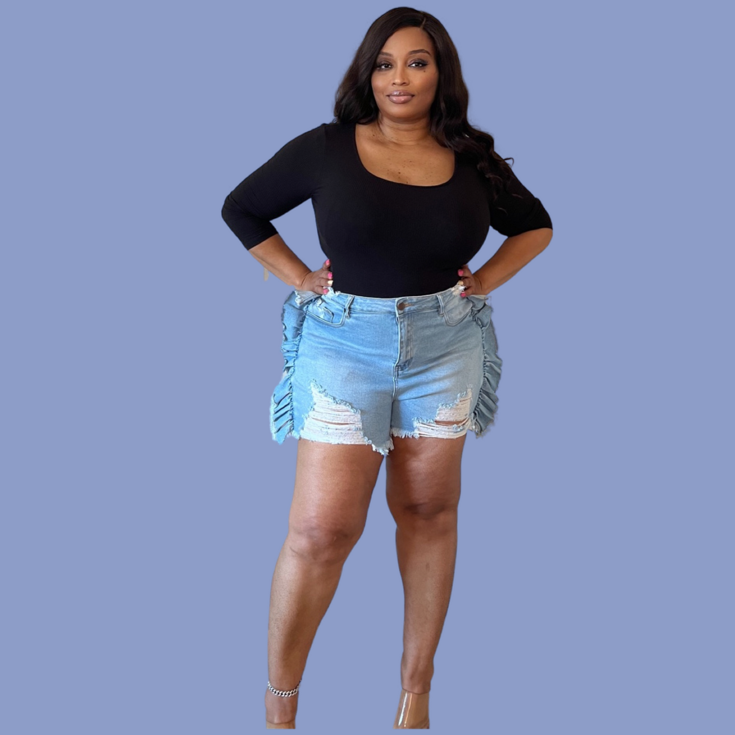 Distressed Denim Ruffle Shorts