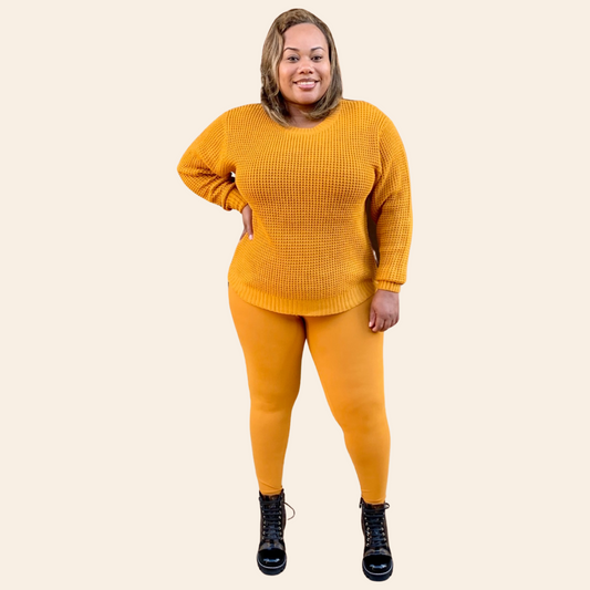 Hi/Low Long Sleeve Round Neck Waffle Sweater Set | Plus Size Waffle Sweater Set