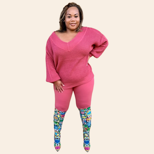 V Neck Waffle Sweater Set | Plus Size V Neck Waffle Sweater Set
