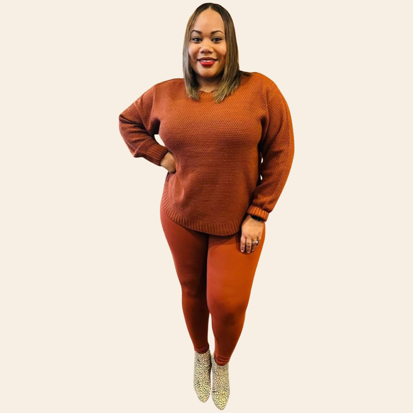 Hi/Low Long Sleeve Round Neck Waffle Sweater Set | Plus Size Waffle Sweater Set